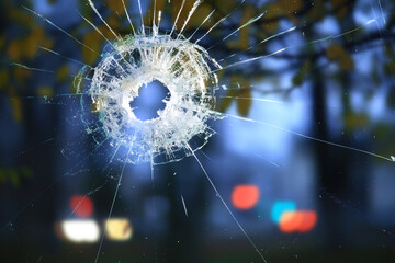 abstract simulation blurred view of the city bullet holes on the window glass, shooting war background attack