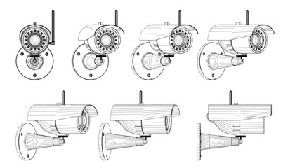 Set with contours of a video surveillance camera in different positions from black lines isolated on a white background. The front view rotates to the right. Vector illustration.