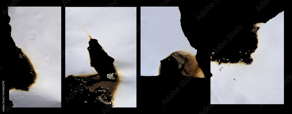 Poster set of burnt paper frame for texture overlay. damaged white paper with burnt stain background. collection of blank ripped paper edge for a design element.
