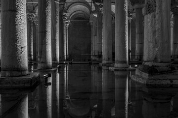Basilica Cistern in Istanbul, Turkey. black and white photo. Yerebatan is one of favorite tourist attraction in Istanbul. Noise and grain include