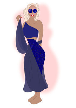 Fashion woman illustration.Fashion girl in blue dress.Female model vector and illustration.