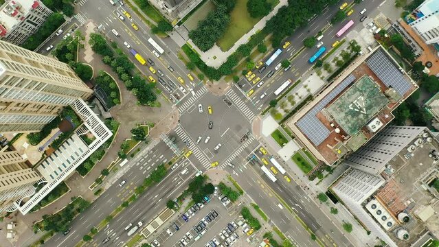 Aerial top view 4k footage by drone of Buildings in Taipei city, Taiwan.