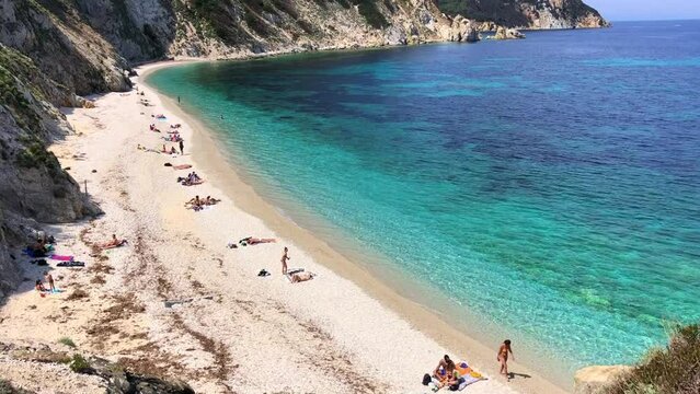 Beautiful panoramic view of Elba island coastline and emerald bay with beach Sansone, Livorno, Tuscany, Italy