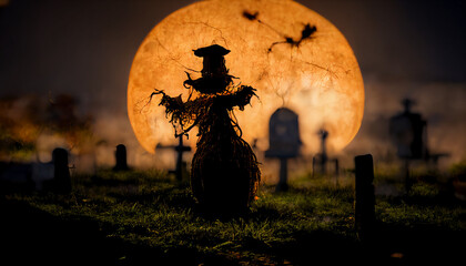 Halloween background with tombstone and scarecrow