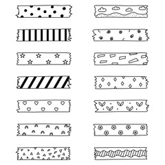 Set of strips of washi tape with designs on an isolated background. Decorative adhesive tape stickers.