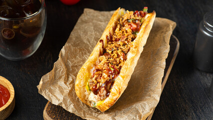 Chili Con Carne Hot Dog on dark wooden background