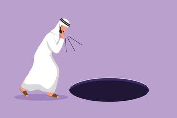 Graphic flat design drawing Arab businessman scream into pit hole. Man wondering and looking at big hole, business concept in opportunity, exploration or challenge. Cartoon style vector illustration