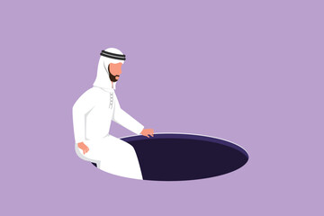 Cartoon flat style drawing Arab businessman descends into the hole. Concept of failure to take advantage of business opportunities. Depressed and business failure. Graphic design vector illustration