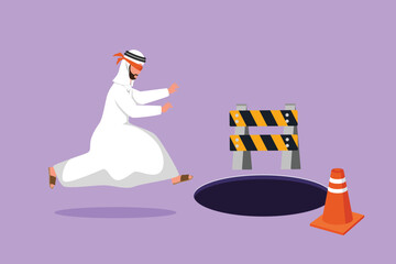 Cartoon flat style drawing blindfolded young businessman running to find money with pit hole. Arabian male manager runs to business trap. Blind investment metaphor. Graphic design vector illustration