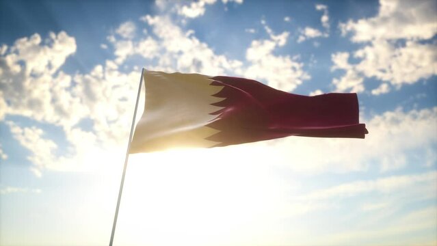 Drapeau 3D du Qatar flottant au vent devant un ciel bleu