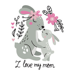 Cute vector illustration of mother rabbit and little rabbit. The mother hugs the rabbit. Can be used for t-shirt print, kids wear, fashion design, kids party invitation card.