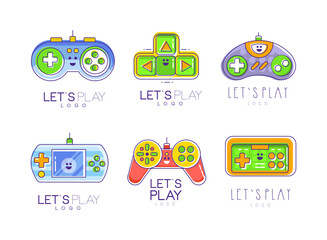 Lets play logo design set. Gaming controller, gamepad badges for initial esport tournament, electronic device store vector illustration