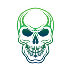 Head drawn style icon. Smiling skull in green version for t-shirt or Halloween design. Vector image of Human Skull in abstract art style, done in a slightly psychedelic manner