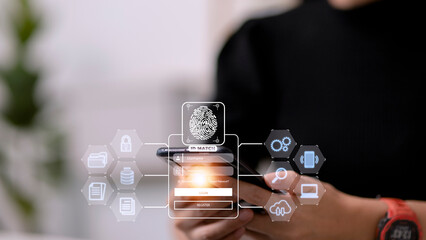 Fingerprint scanning and biometric authentication, processing of biometric for access personal data. surveillance and security scanning of digital programs cyber futuristic applications