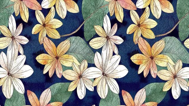 seamless looping classic animation with hand drawn watercolor flowers and leaves. botanical watercolor render and background