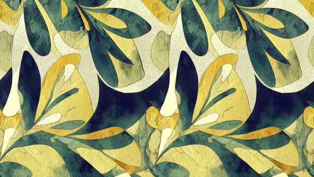 Abstract nordic print with geometric, gold shapes, flower and leaves on white background. Watercolor seamless looping animation. Hand drawn marble render