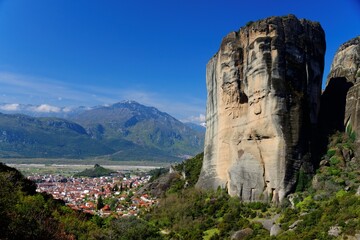 City of Kalabaka under the picturesque Meteora rock formations in Greece