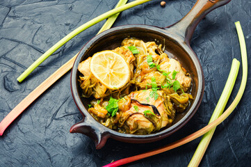 Appetizing chicken breast baked with rhubarb