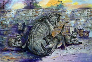 Art painting oil color   cute  cat ,  puss , pussy cat , moggy , kitten