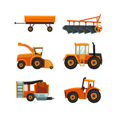 Agricultural machinery set. Farmer agricultural vehicles, industrial transport cartoon vector illustration