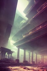 Abandoned factory, ruined and crumbling. 