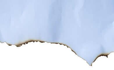 burnt paper frame for texture overlay. damaged white paper with burnt stain in transparent background. blank ripped paper edge for a design element.