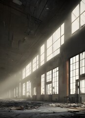 Abandoned factory, ruined and crumbling. 