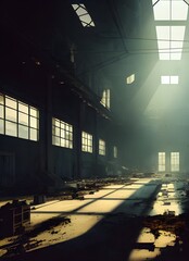 Abandoned factory, ruined and crumbling. 