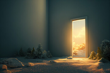 Open door to summer landscape from winter snowy empty home. Energy electricity heating bill concept. 3D illustration