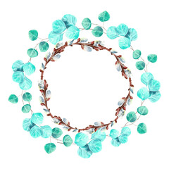wreath of watercolor eucalyptus willow branch on isolated white background, hand drawn. Perfect for card design, invitation, scrapbooking, fabric printing.