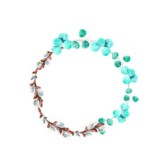 wreath of watercolor eucalyptus willow branch on isolated white background, hand drawn. Perfect for card design, invitation, scrapbooking, fabric printing.
