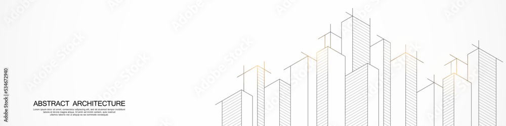 Wall mural panoramic view of architectural drawing with building construction for banner or website header temp