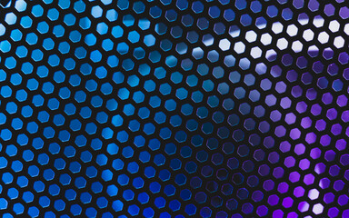 Led lights shines through the ventilation grid holes of computer air cooling system. abstract futuristic colorful background