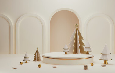 Gold edged podium and white christmas tree with gold edge elegant christmas and new year on white background.
