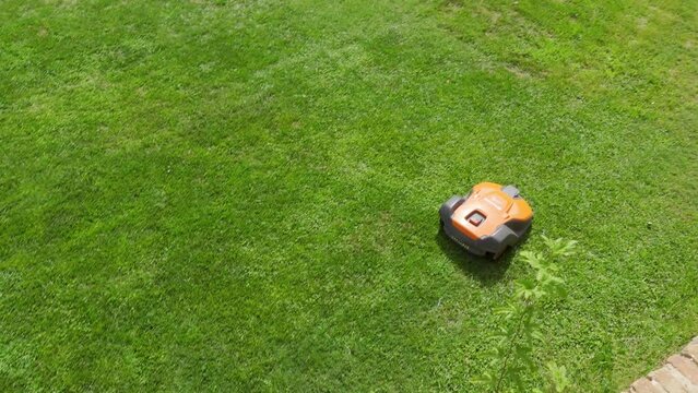 Robot lawn mower cuts grass in the green meadow of a park in Barcelona.