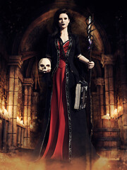 Dark scene with a fantasy sorceress holding a staff and skull, standing in a temple. 3D render - the woman is a 3D object.