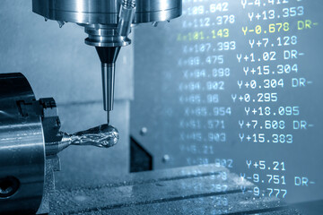 Abstract scene of the  4-axis machining center rotary table type and G-code data background.