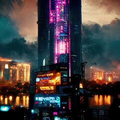 Night city of Cyberpun. Nightlife concept, never sleep in the business center.  3D render. Raster illustration.