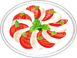 お皿に盛り付けられたトマトとモッツァレラチーズのサラダ　手描き風