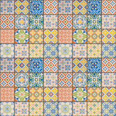 Old colorful seamless flowers leaves vintage geometric shabby mosaic ornate patchwork motif porcelain stoneware tiles, mosaic stone concrete cement tile mirror wall texture background square pattern - obrazy, fototapety, plakaty