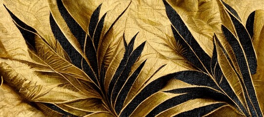 Exotic decor of material for sewing.  Gold and green tropical leaves pattern on rough beige fabric closeup.  3D render. Raster illustration.