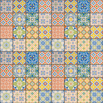 Old colorful seamless flowers leaves vintage geometric shabby mosaic ornate patchwork motif porcelain stoneware tiles, mosaic stone concrete cement tile mirror wall texture background square pattern
