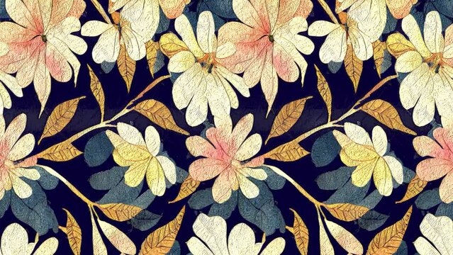 Colorful seamless looping floral animation with abstract flowers, leaves and berries. Watercolor print in rustic vintage style, textile or wallpapers in provence style isolated on white background.