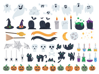 Set of elements on the theme of halloween. Ghosts and black cats, witch's potion and terrible pumpkins are symbols of the holiday. Flat vector illustration, eps10