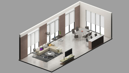 Isometric view of a living room and dining,residential area, 3d rendering.