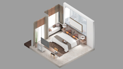 Isometric view of a master bedroom,residential area, 3d rendering.