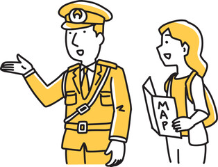 警察官に道を尋ねる女性