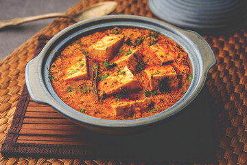 Paneer khus khus curry or cottage cheese posto masala made using poppy seeds, Indian recipe