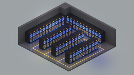 Isometric view of a medium size server room,Data Center With Multiple Rows of Fully Operational Server Racks., 3d rendering.