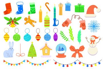 New Year and Christmas decoration set with snowman, bunny, socks and presents, Christmas toys and bell, with bow, gingerbread man, holiday candles and garlands, red santa hat. Vector illustration
